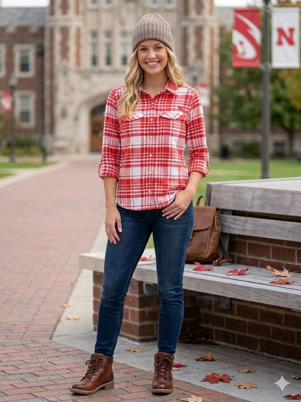 Columbia Women’s Large Nebraska Cornhuskers Plaid Button Down Shirt